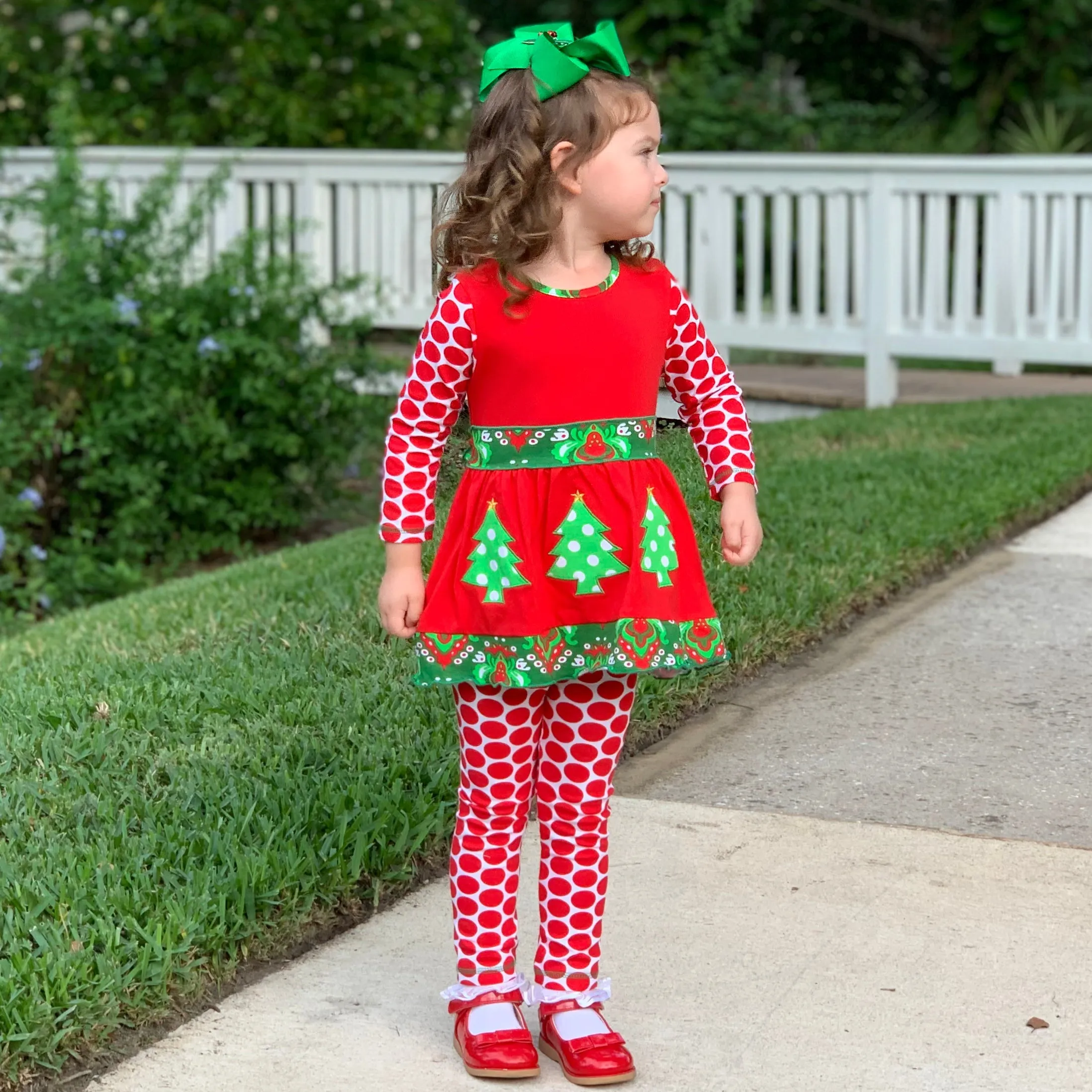 AnnLoren Girls Boutique Winter Holiday Red Green Damask Dress and Legging Set