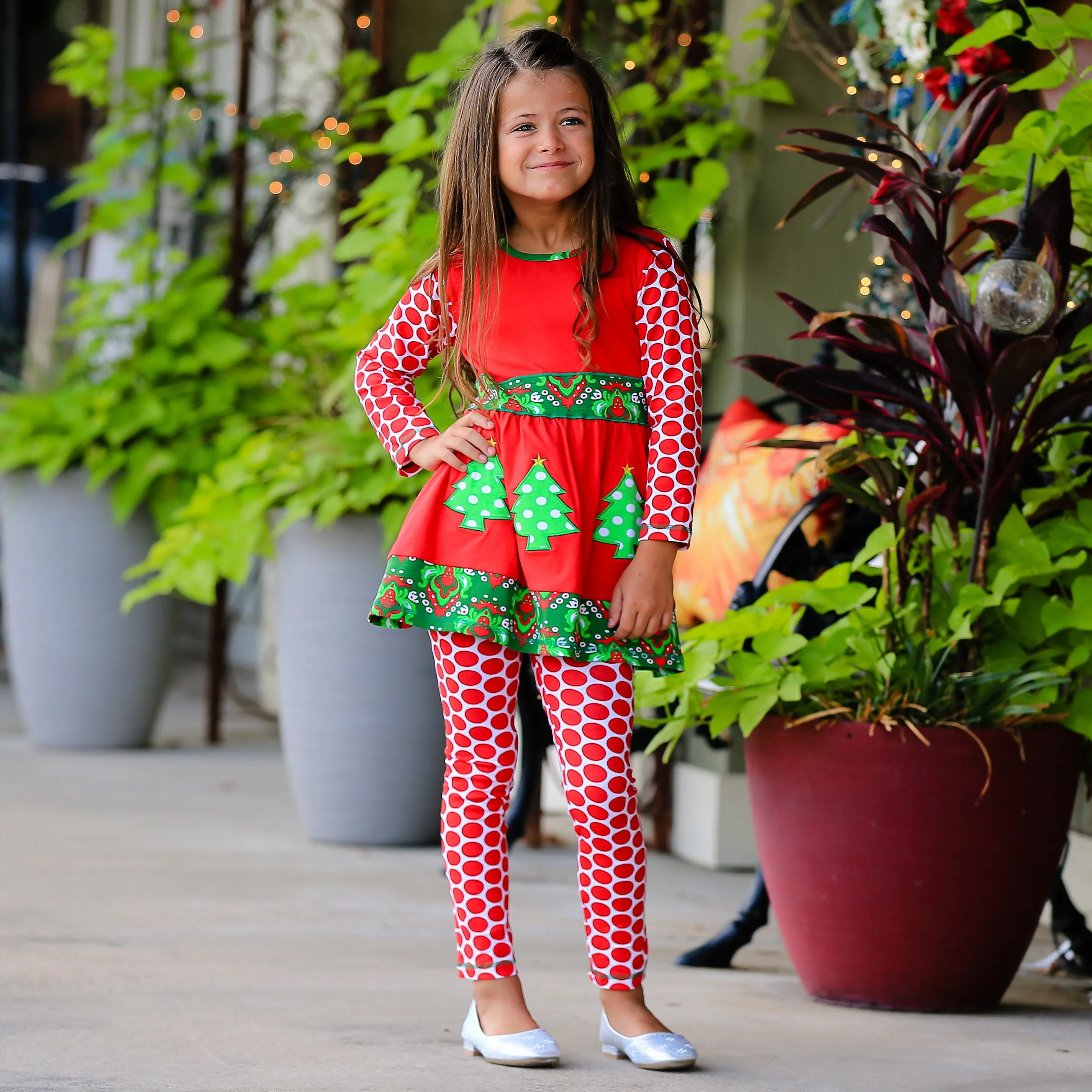 AnnLoren Girls Boutique Winter Holiday Red Green Damask Dress and Legging Set