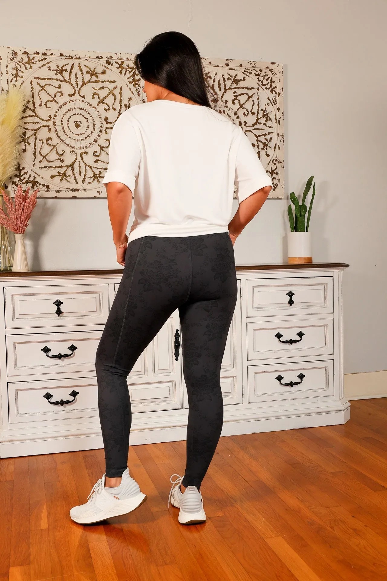 Athleisure Leggings - Charcoal and Black Floral