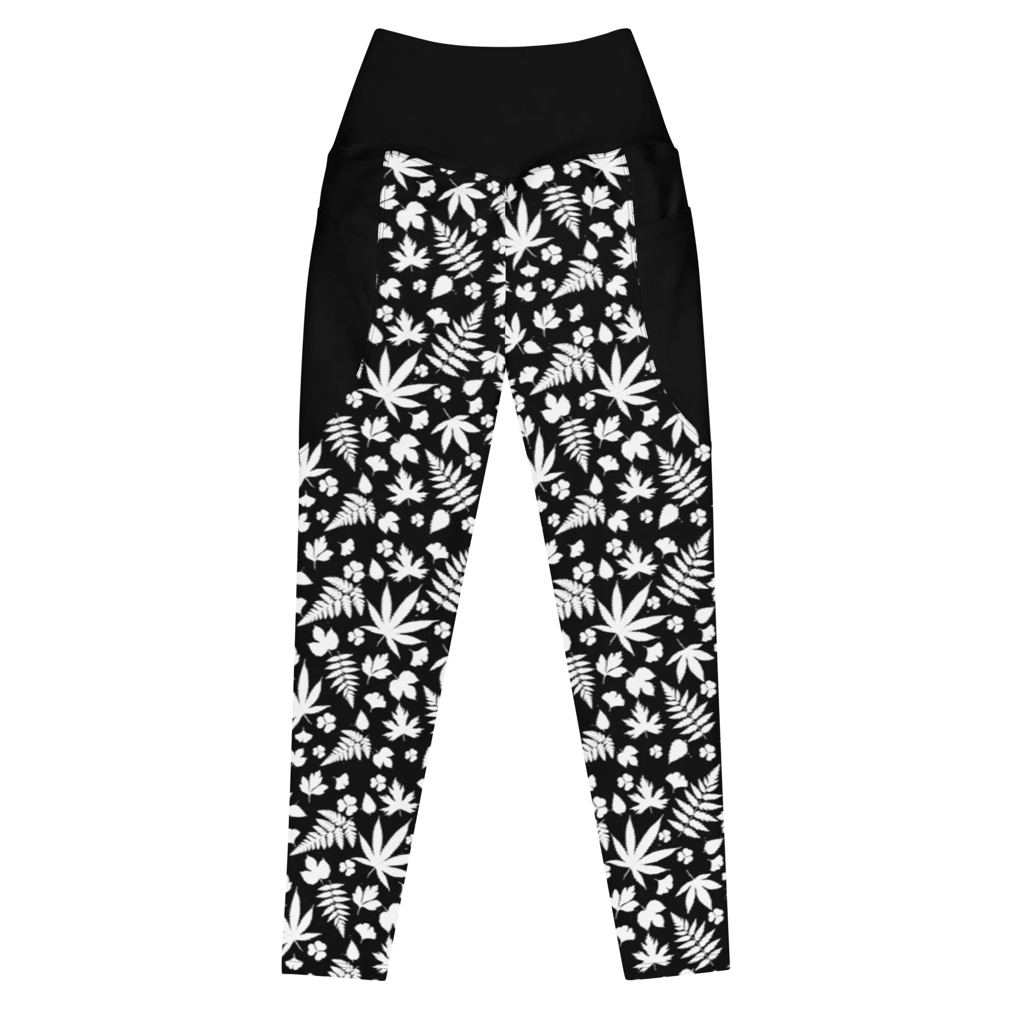 Black And White Cannabis Leggings With Pockets