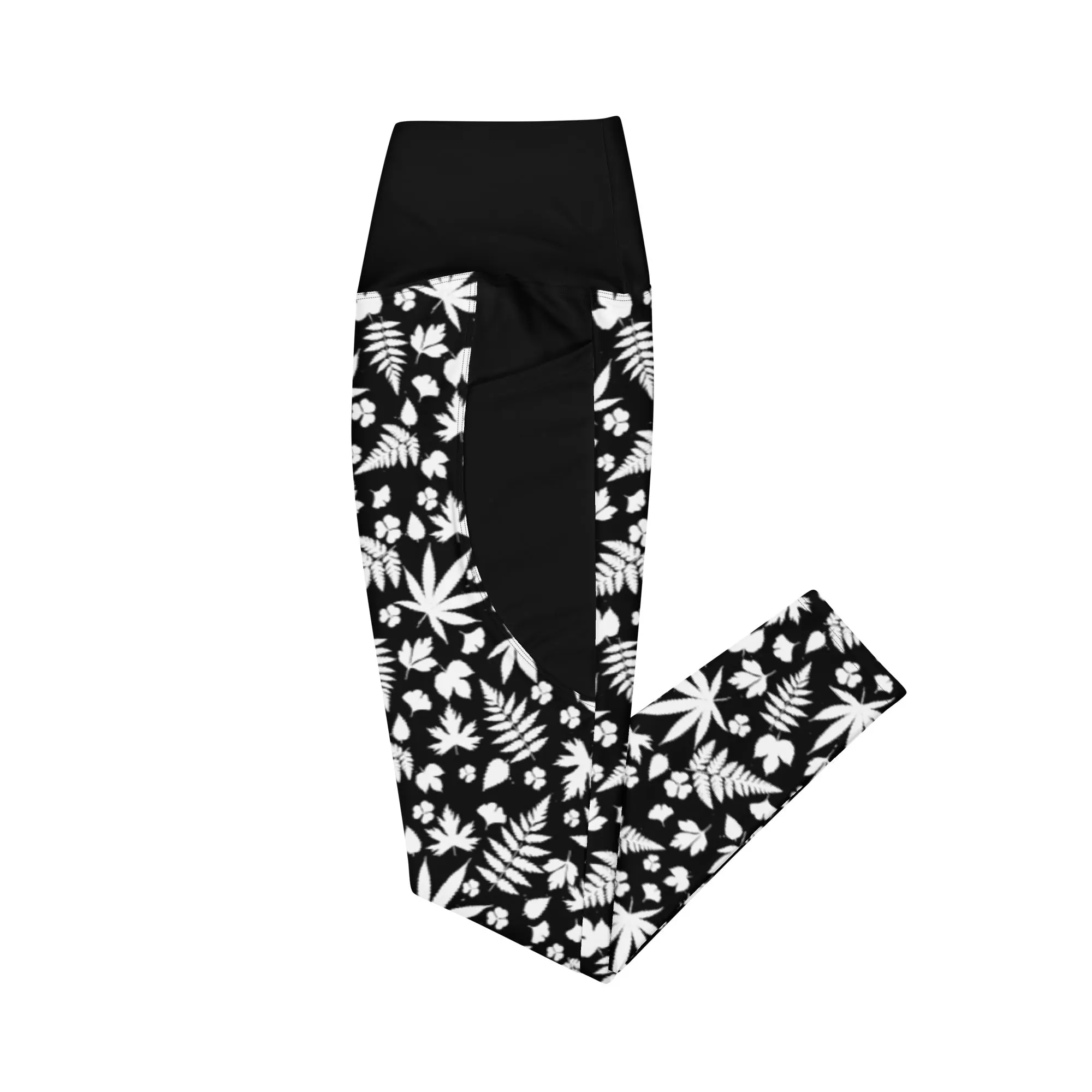 Black And White Cannabis Leggings With Pockets