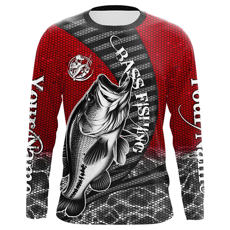 Custom Largemouth Bass Long Sleeve Tournament Fishing Shirts, Bass Fishing Jerseys | Red IPHW5759