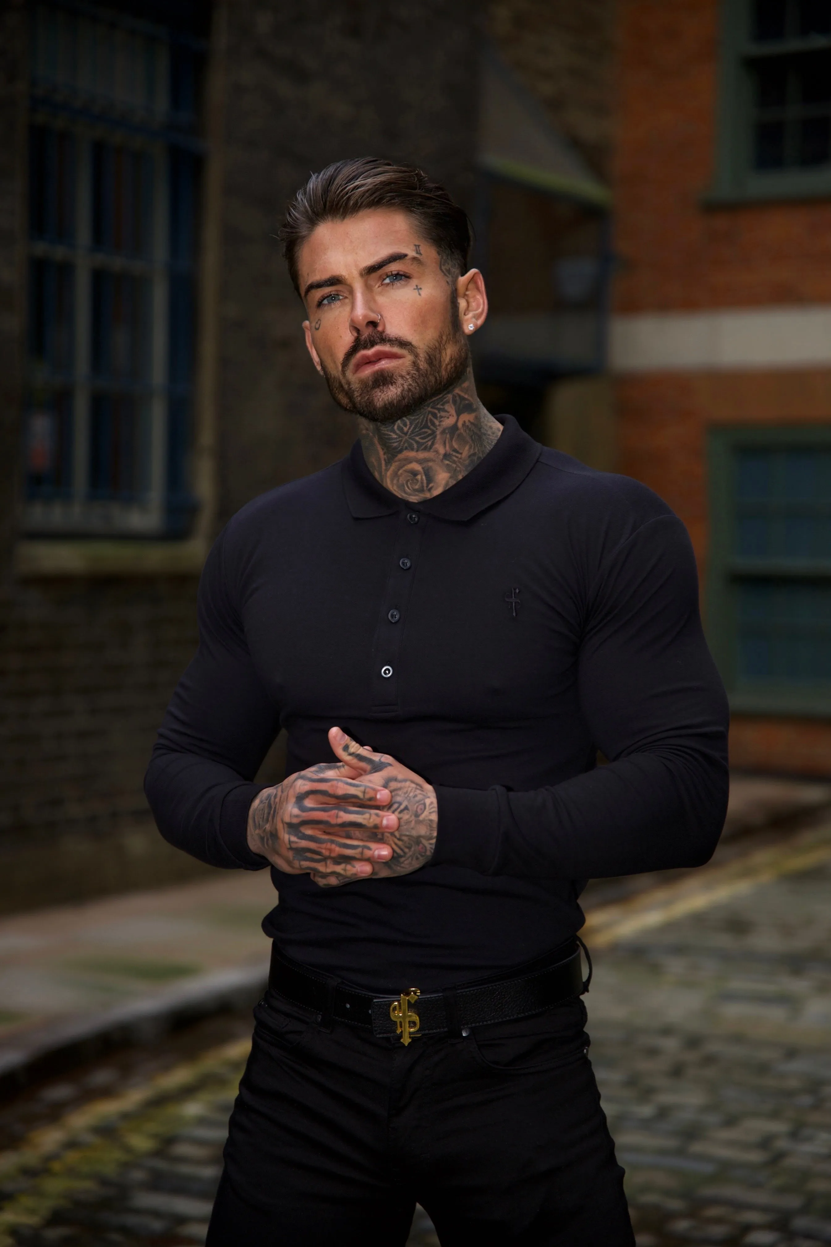 Father Sons Classic Black Tonal  Polo Long Sleeve Shirt - FSH857