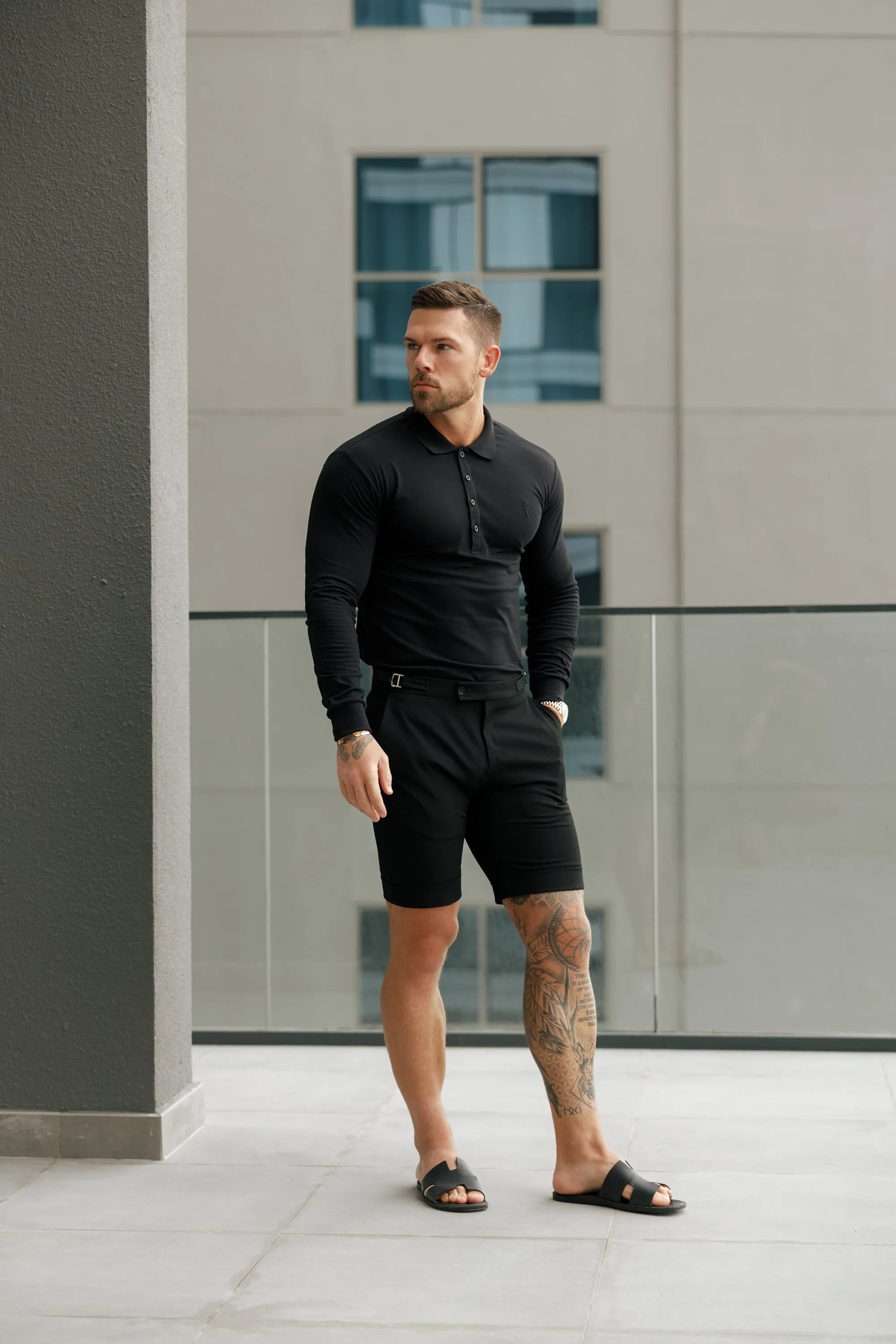 Father Sons Classic Black Tonal  Polo Long Sleeve Shirt - FSH857