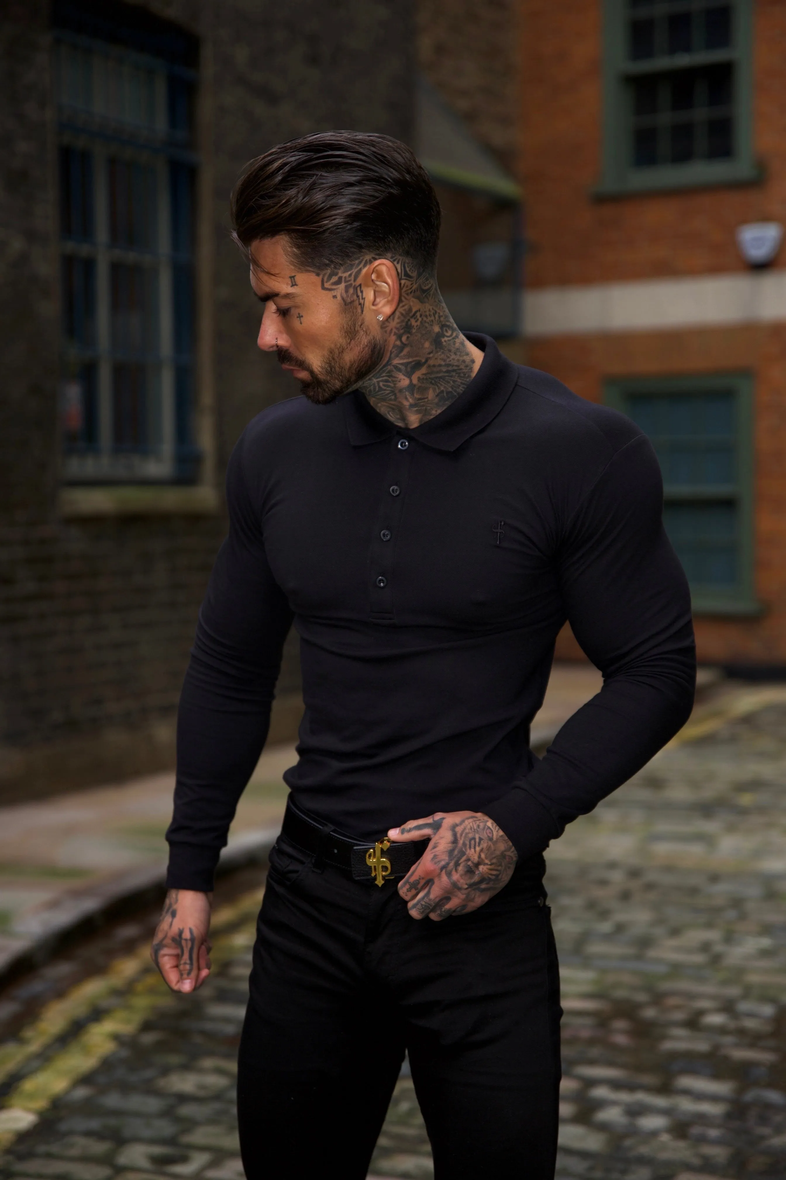 Father Sons Classic Black Tonal  Polo Long Sleeve Shirt - FSH857