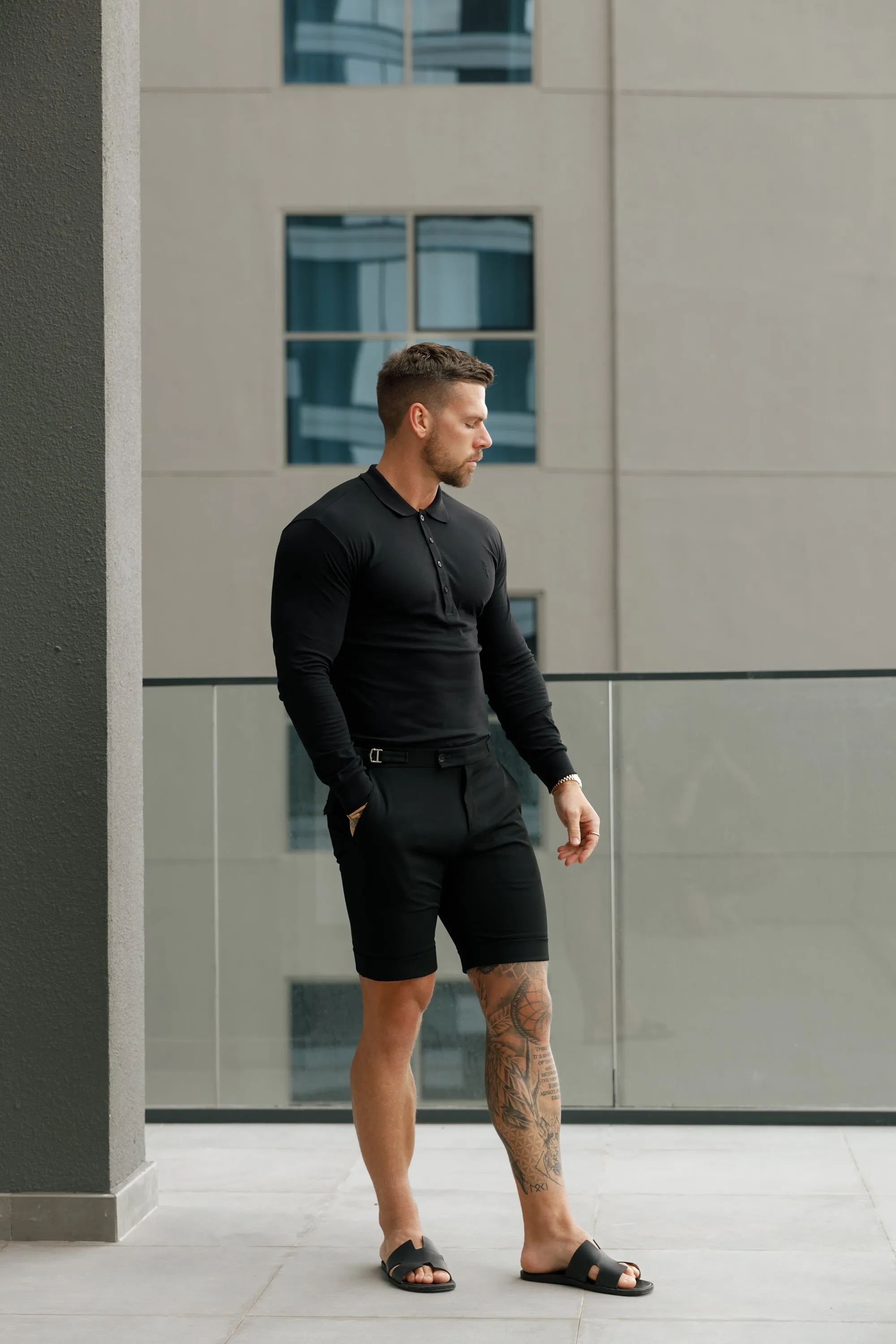 Father Sons Classic Black Tonal  Polo Long Sleeve Shirt - FSH857