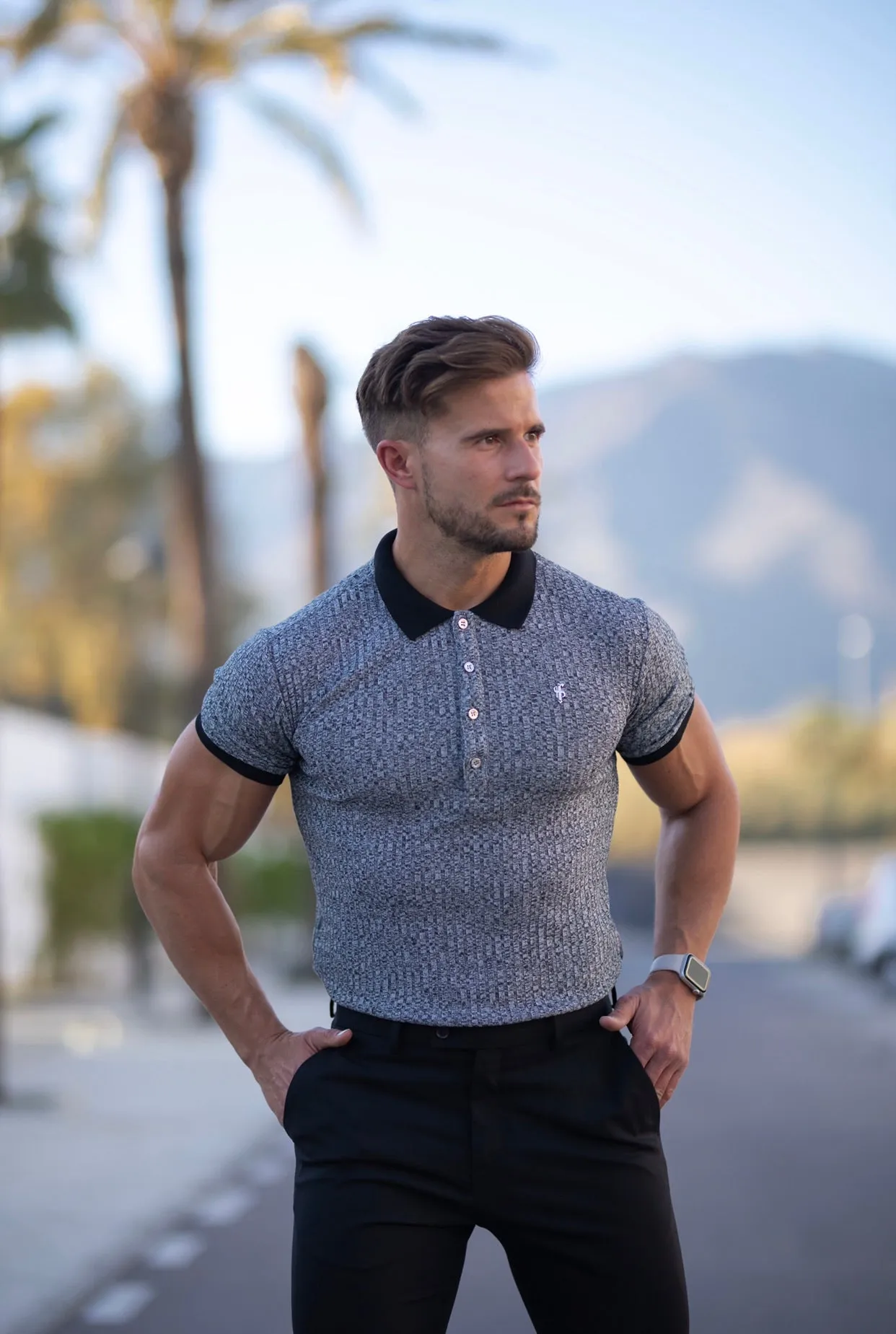 Father Sons Classic Grey / Black Ribbed Polo Shirt Short Sleeve with Metal Emblem - FSH552
