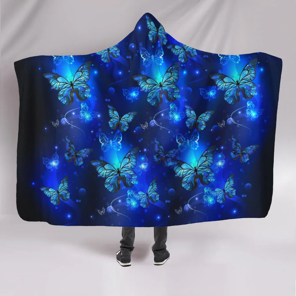 Glowing Blue Butterflies Hooded Blanket
