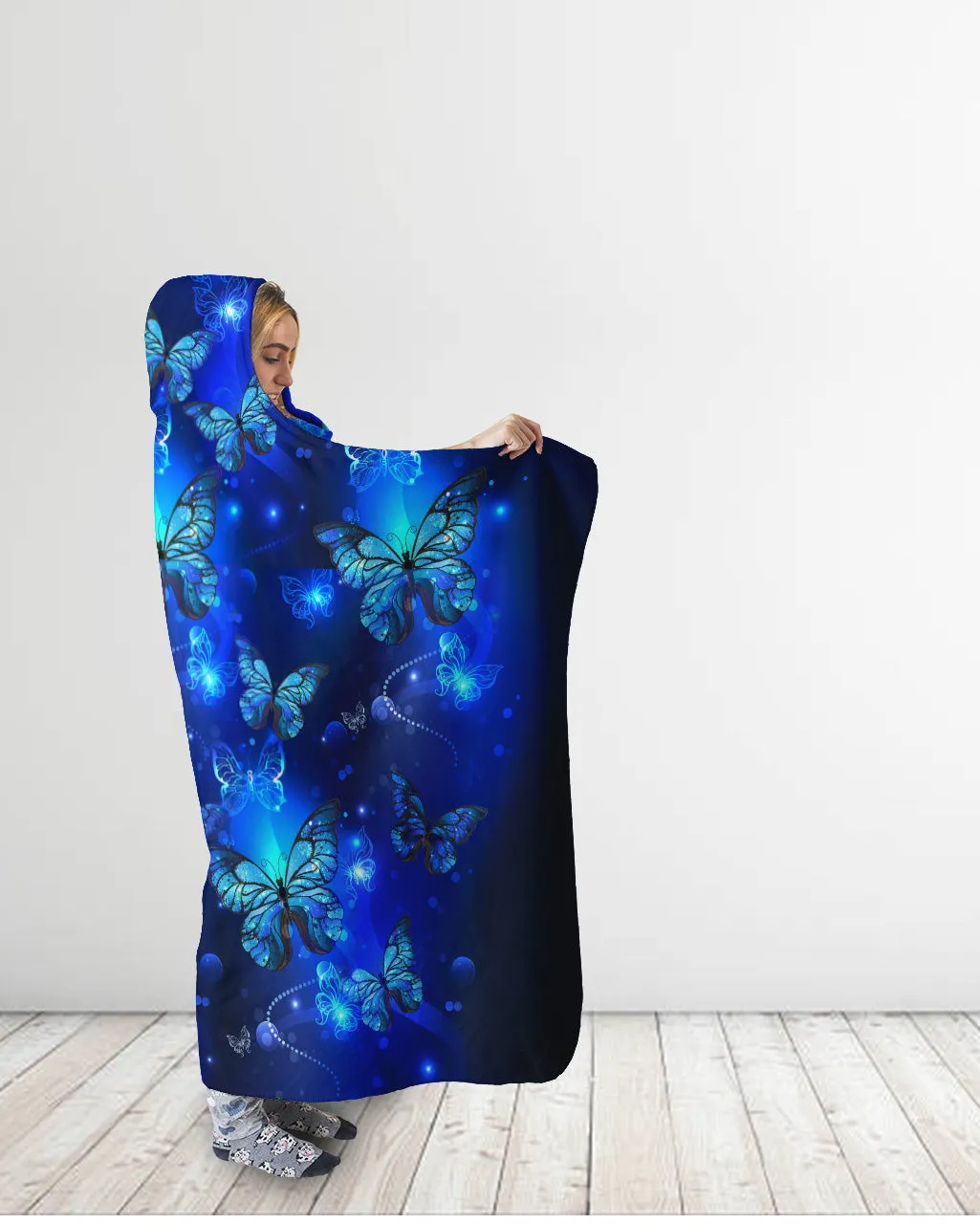 Glowing Blue Butterflies Hooded Blanket