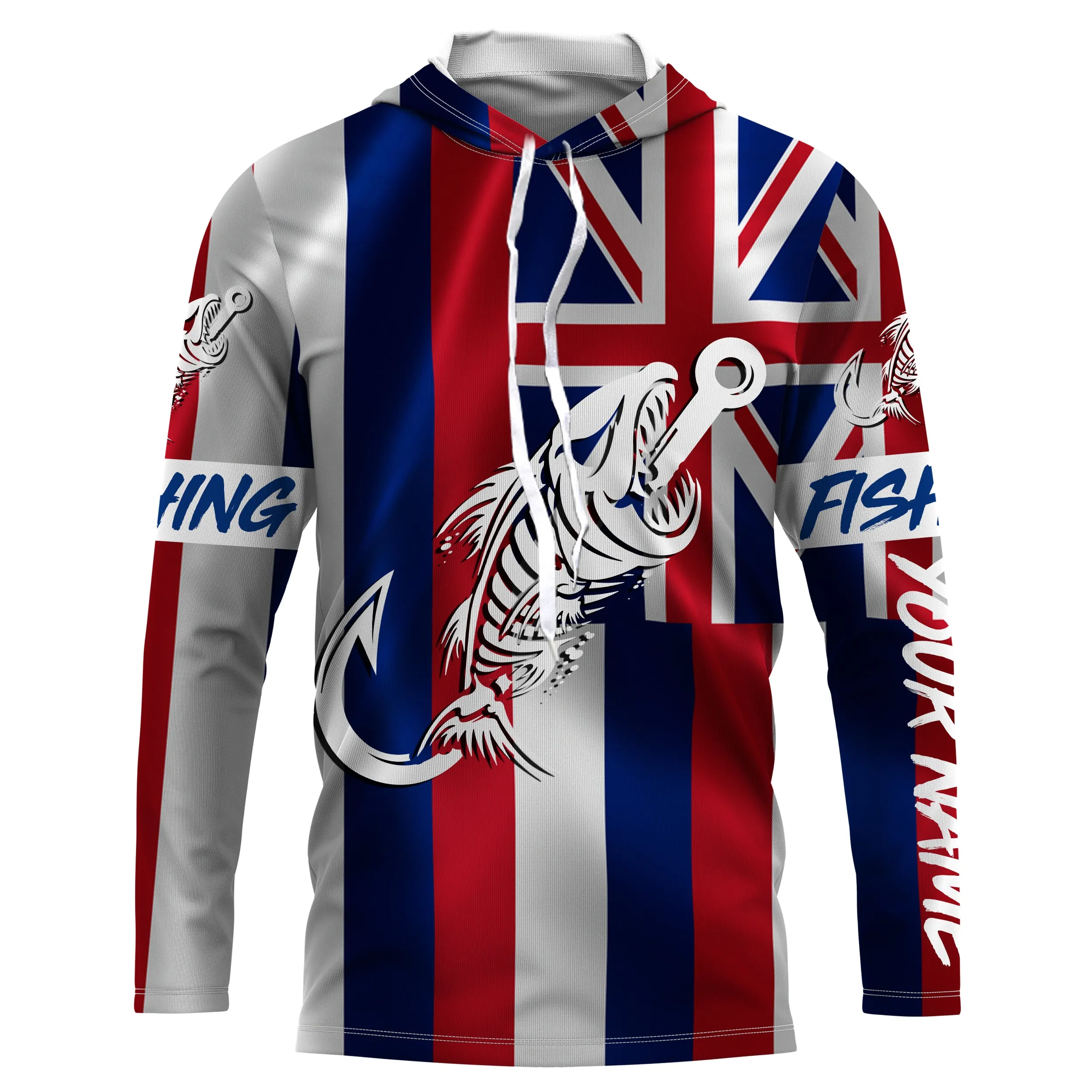 HI Fishing Custom Hawaiian Flag Fish hook skull custom fishing Long sleeve, Long Sleeve Hooded NPQ702