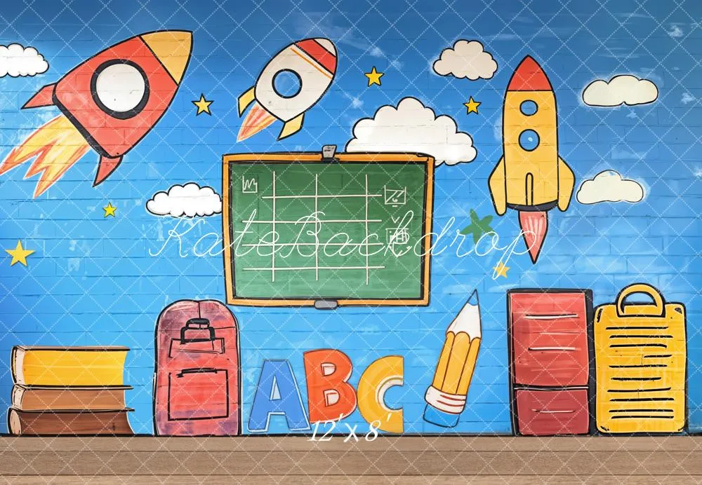 Kate Back to School Graffiti Rockets Blackboard Fleece Backdrop Designed by Emetselch