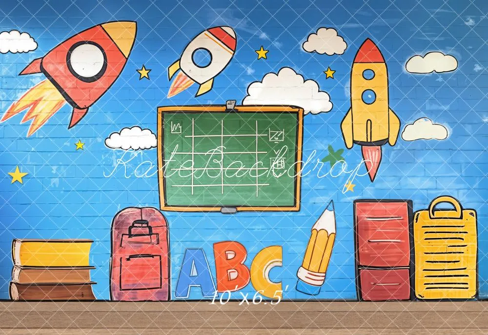 Kate Back to School Graffiti Rockets Blackboard Fleece Backdrop Designed by Emetselch