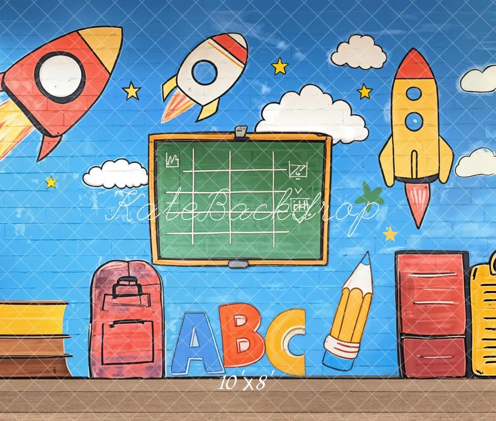 Kate Back to School Graffiti Rockets Blackboard Fleece Backdrop Designed by Emetselch