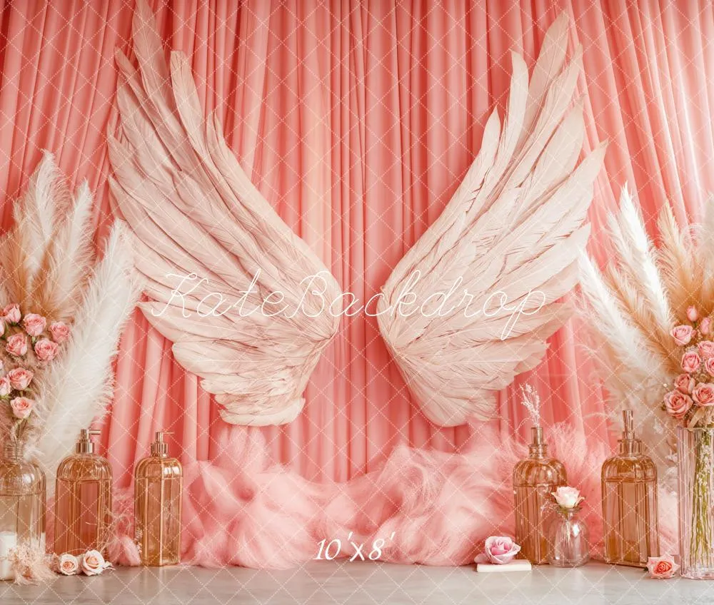 Kate Boho Angel Wings Pink Curtains Fleece Backdrop Designed by Emetselch