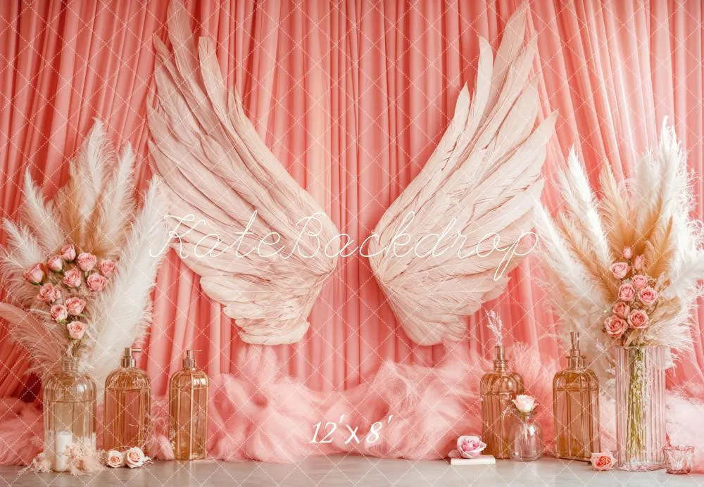 Kate Boho Angel Wings Pink Curtains Fleece Backdrop Designed by Emetselch
