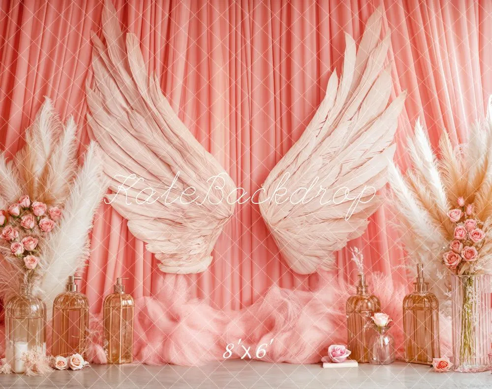 Kate Boho Angel Wings Pink Curtains Fleece Backdrop Designed by Emetselch