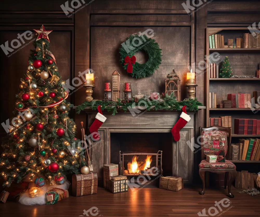 Kate Christmas Tree Fireplace Santa Warm House Fleece Backdrop for Photography