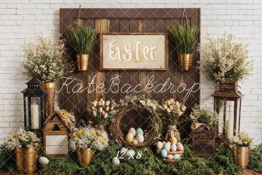 Kate Easter Floral Eggs Rustic Wooden Fleece Backdrop Designed by Emetselch