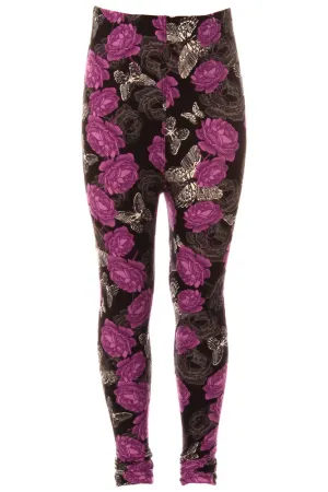 Kid's Purple Rose Butterfly Pattern Printed Leggings