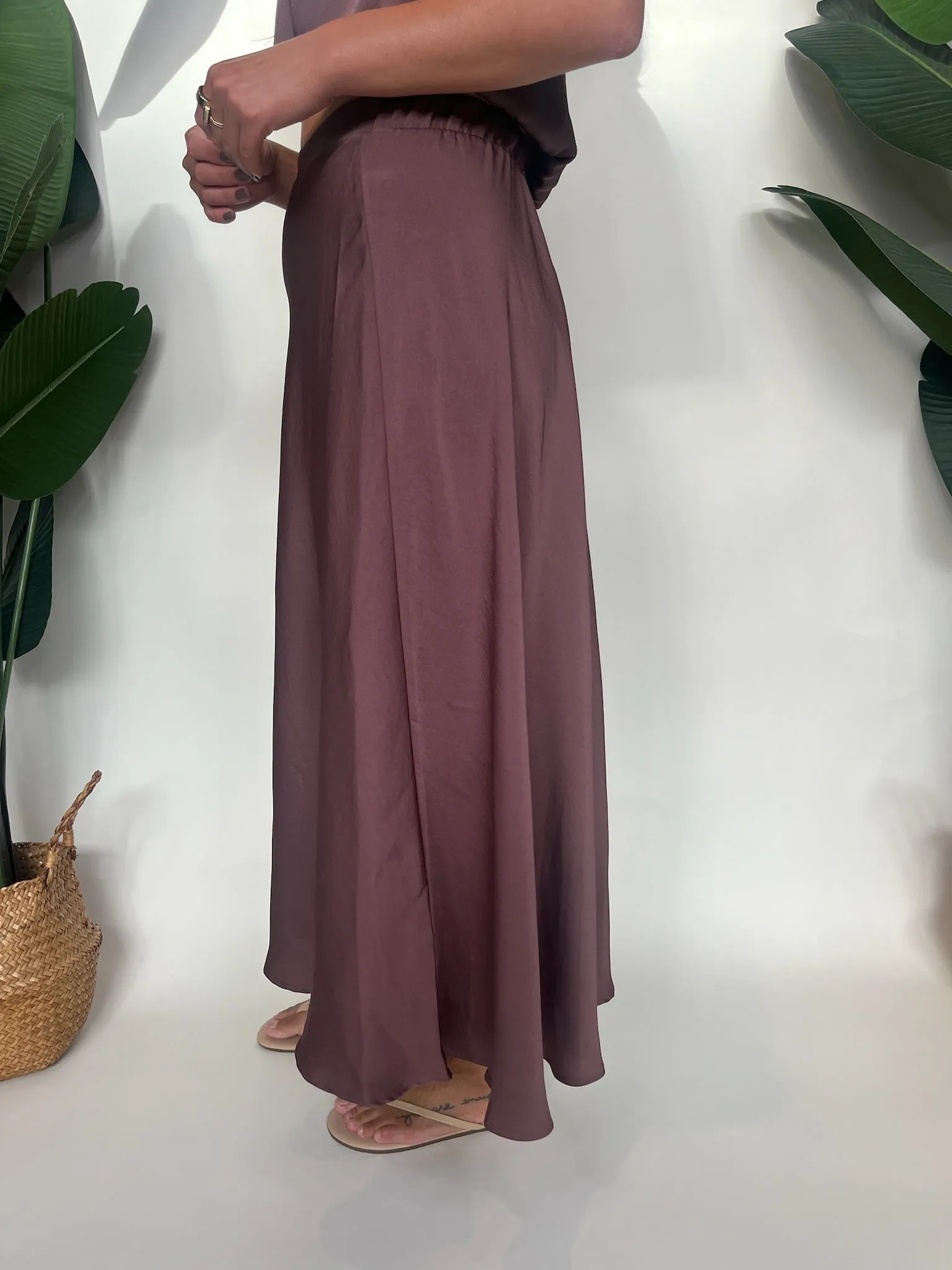 KLD Washed Satin Midi Hi-Lo Swing Skirt