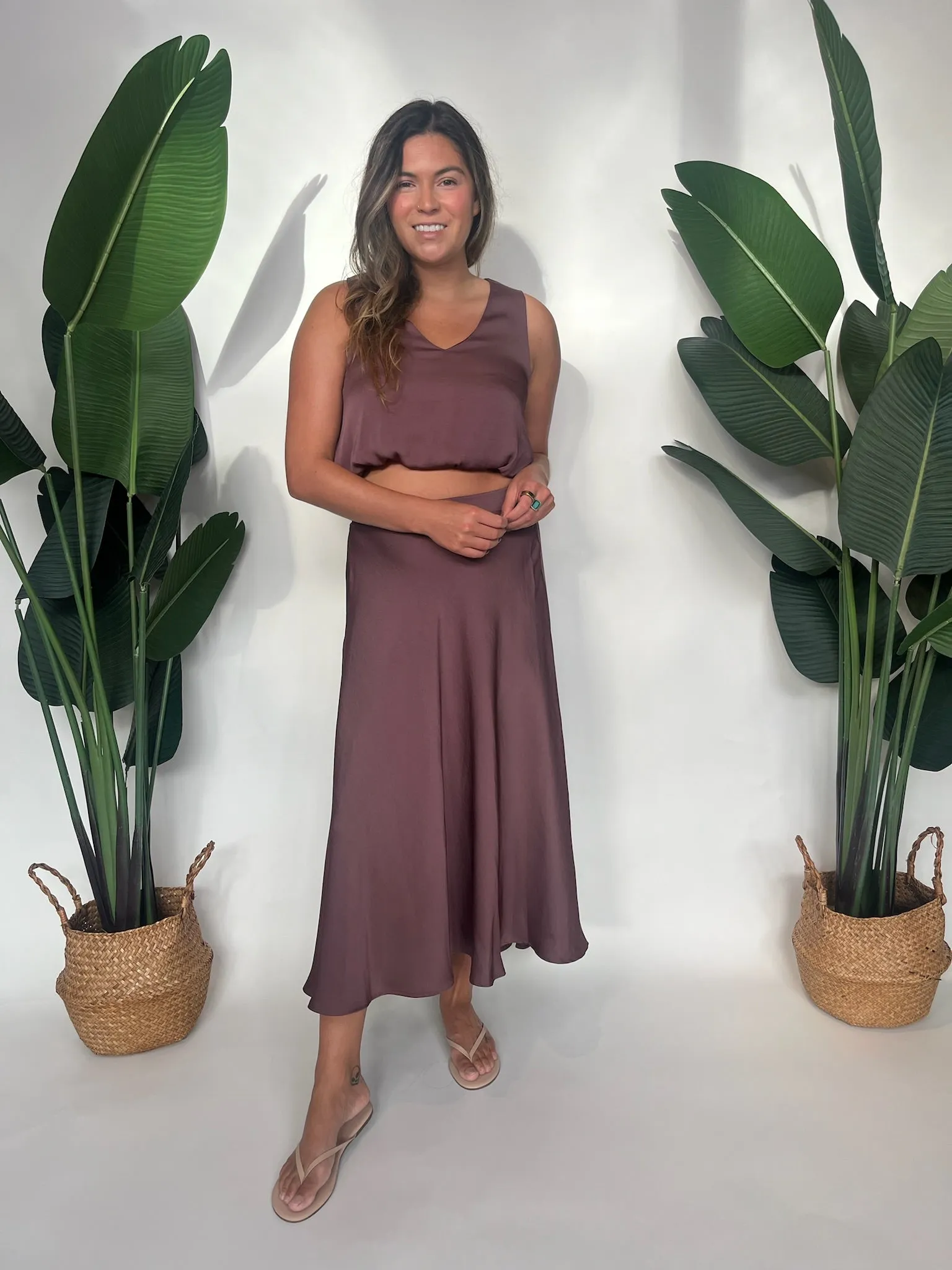 KLD Washed Satin Midi Hi-Lo Swing Skirt