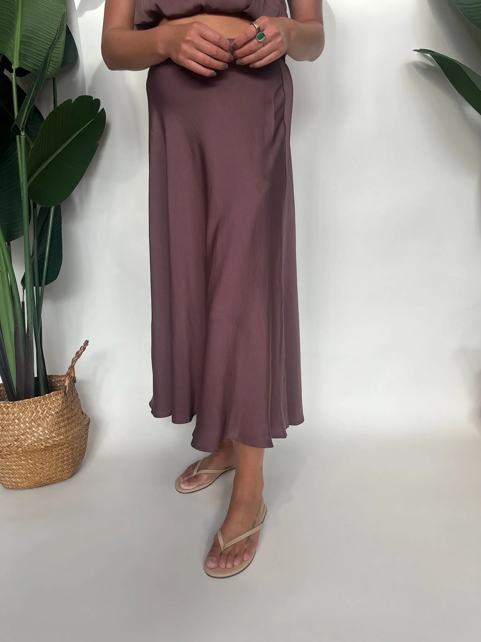 KLD Washed Satin Midi Hi-Lo Swing Skirt