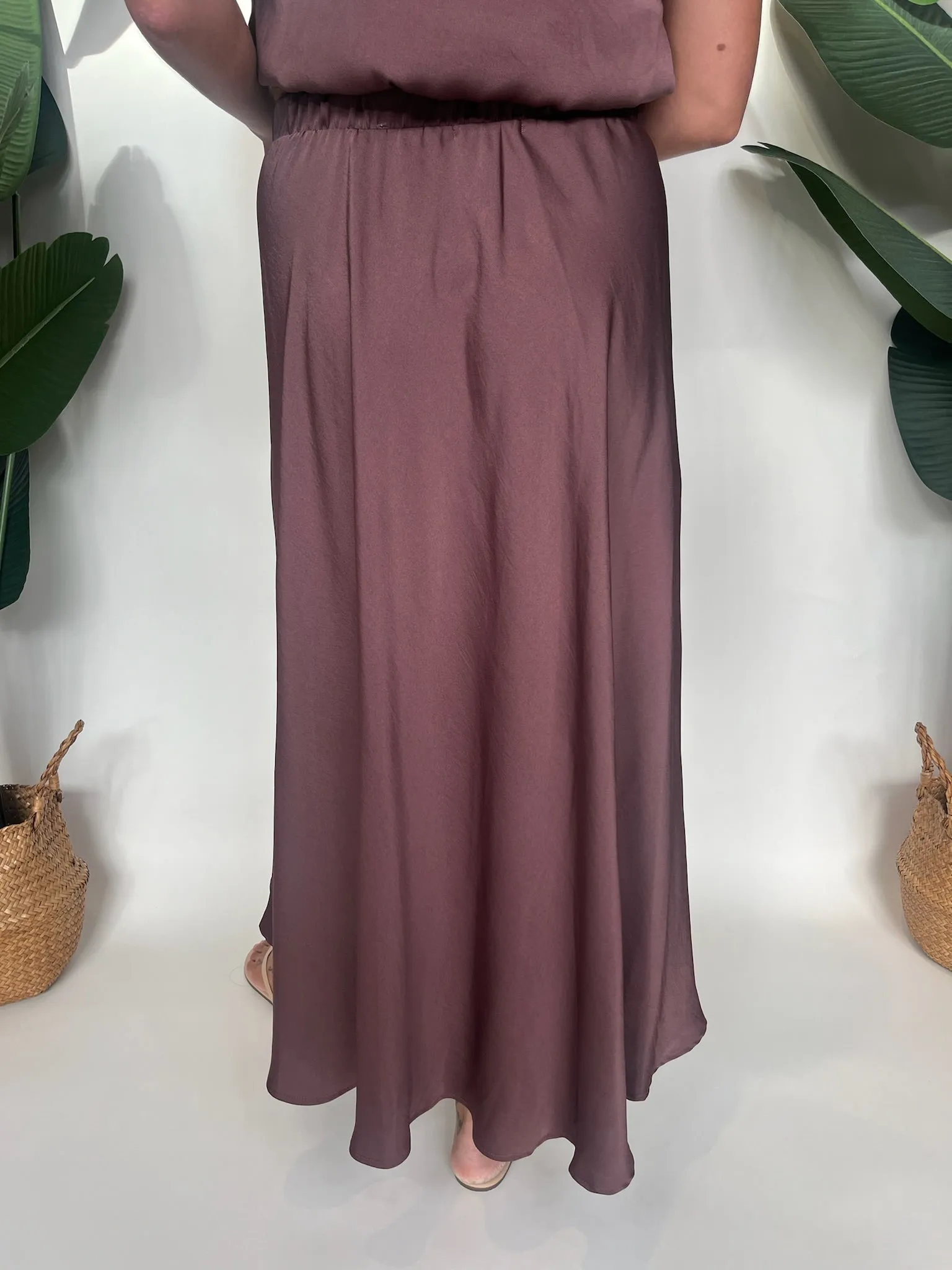 KLD Washed Satin Midi Hi-Lo Swing Skirt