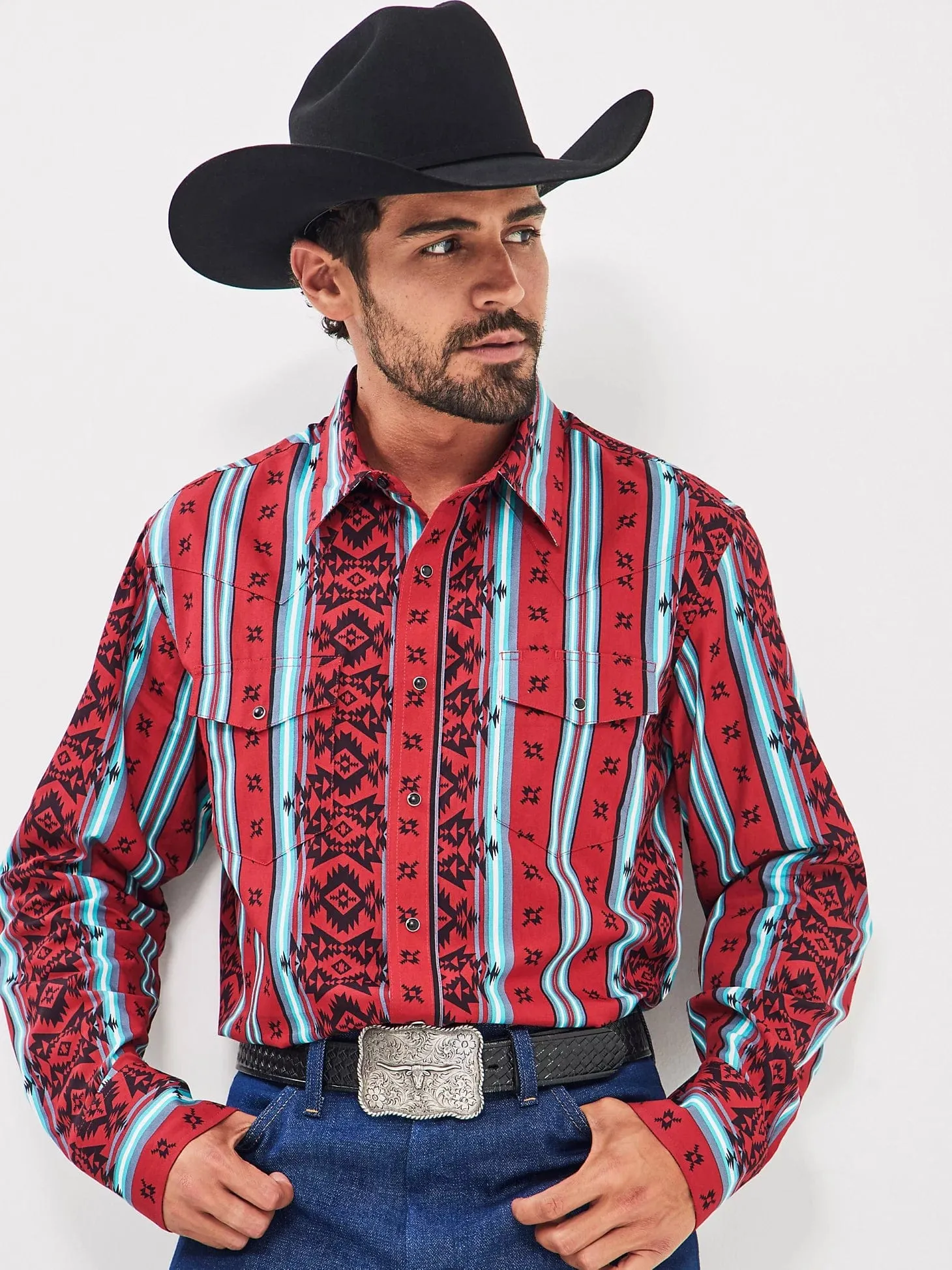 MENS RED CHECOTAH WESTERN LONG SLEEVE SHIRT