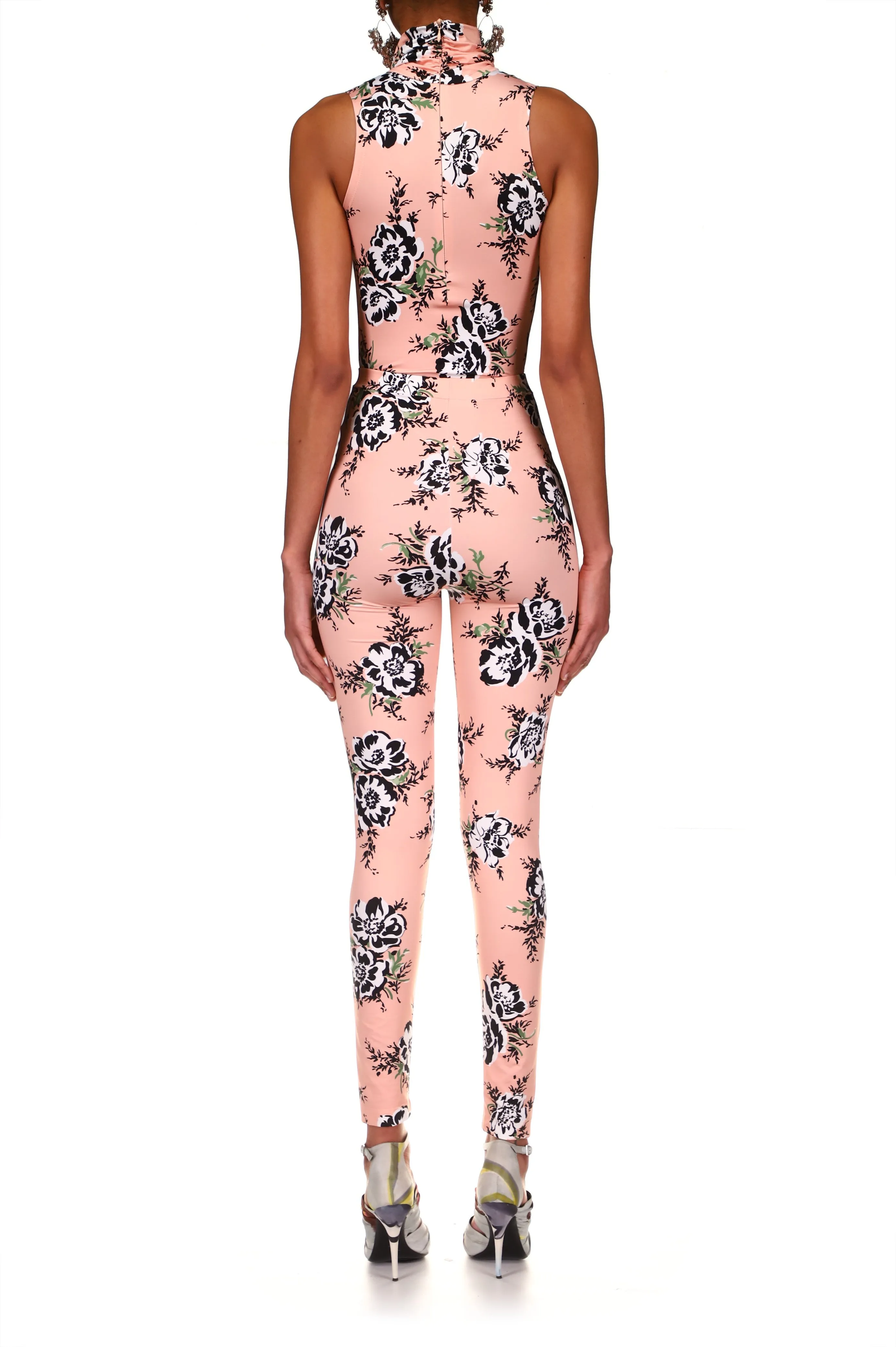 Peach Floral Stretch Turtle Neck Bodysuit