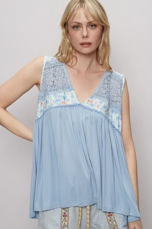POL Lace Detail Frill Floral V-Neck Sleeveless Top