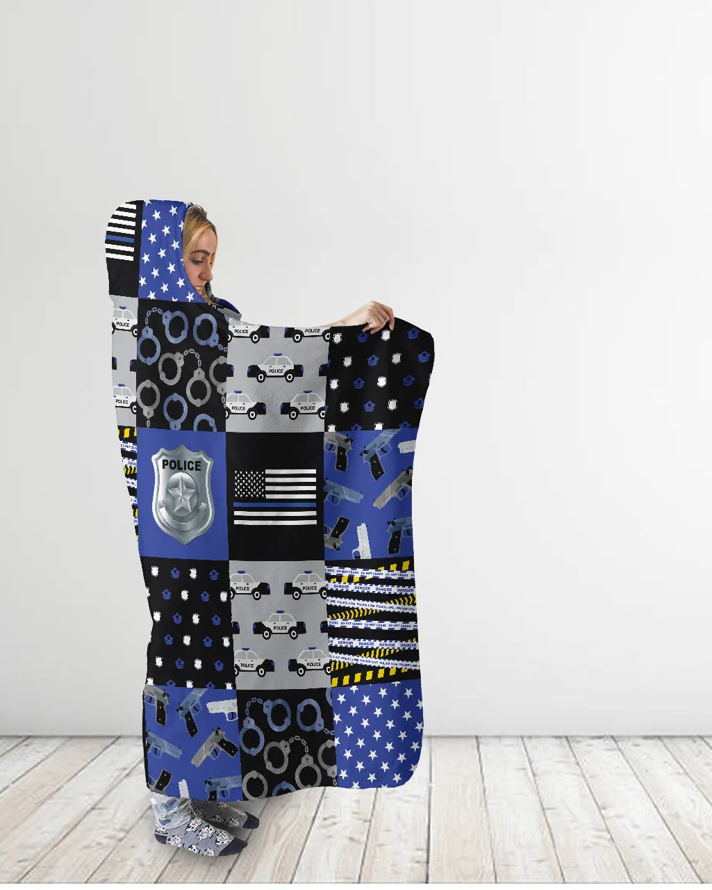 Police Quilt Print Hooded Blanket