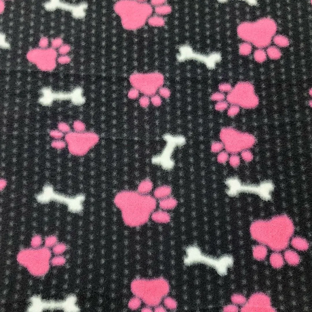 Printed Polar Fleece Fabric Paws 150 cm Black/Pink