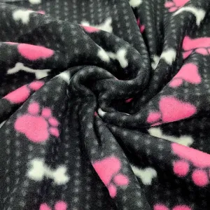 Printed Polar Fleece Fabric Paws 150 cm Black/Pink