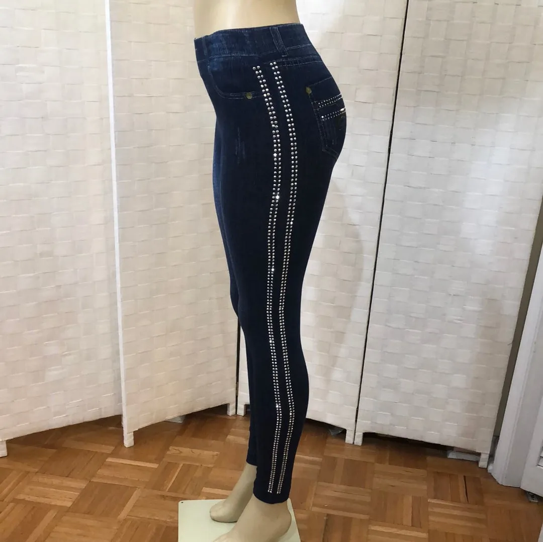 Stretch Denim Leggings with Rhinestones