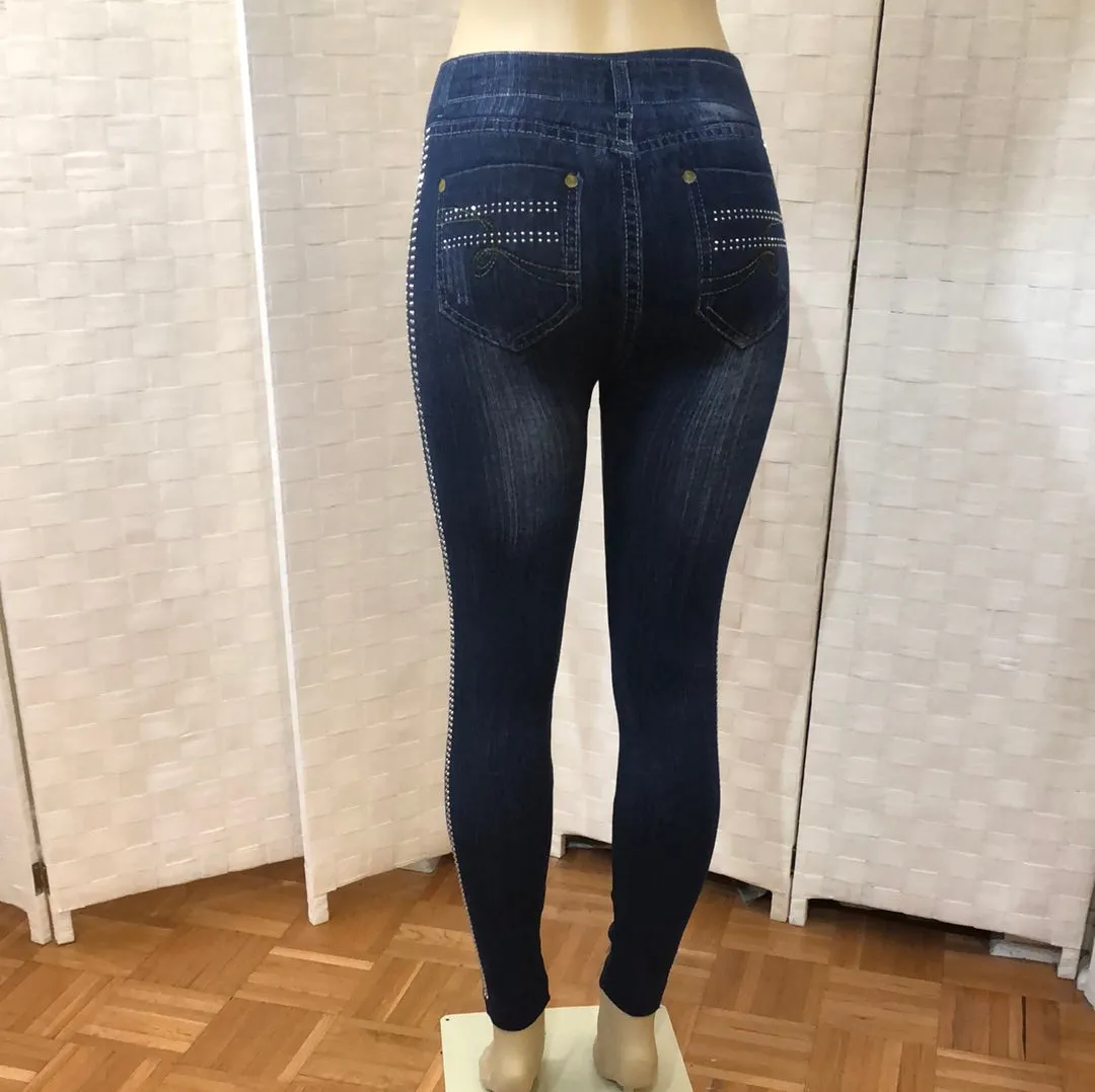 Stretch Denim Leggings with Rhinestones