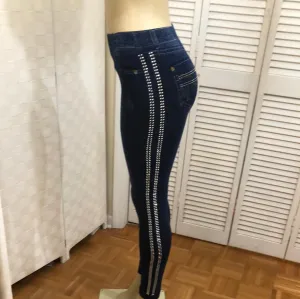 Stretch Denim Leggings with Rhinestones