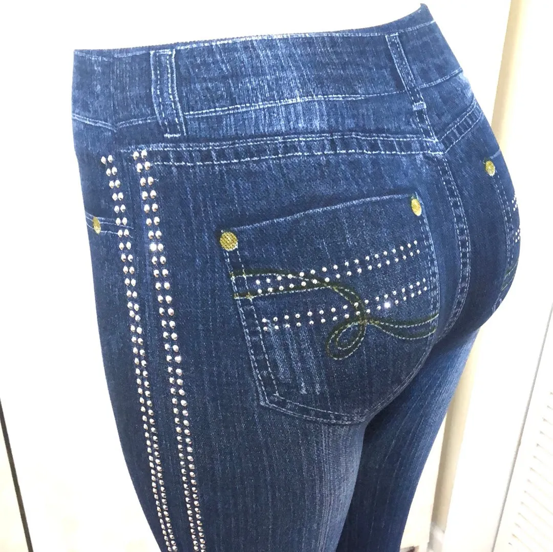 Stretch Denim Leggings with Rhinestones