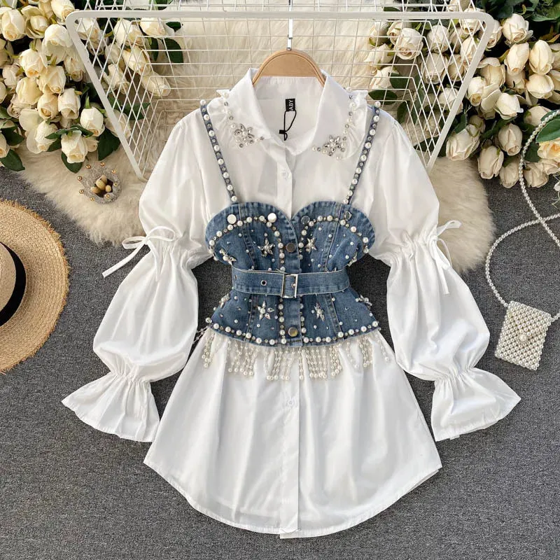 Two in One🤎 Puff Long Sleeve Tassel Pearl Top and Sling Waistcoat Shirt