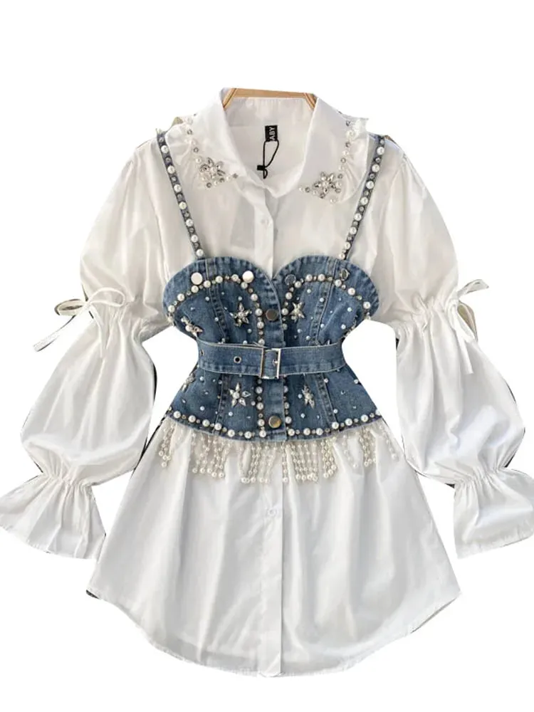 Two in One🤎 Puff Long Sleeve Tassel Pearl Top and Sling Waistcoat Shirt