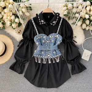 Two in One🤎 Puff Long Sleeve Tassel Pearl Top and Sling Waistcoat Shirt