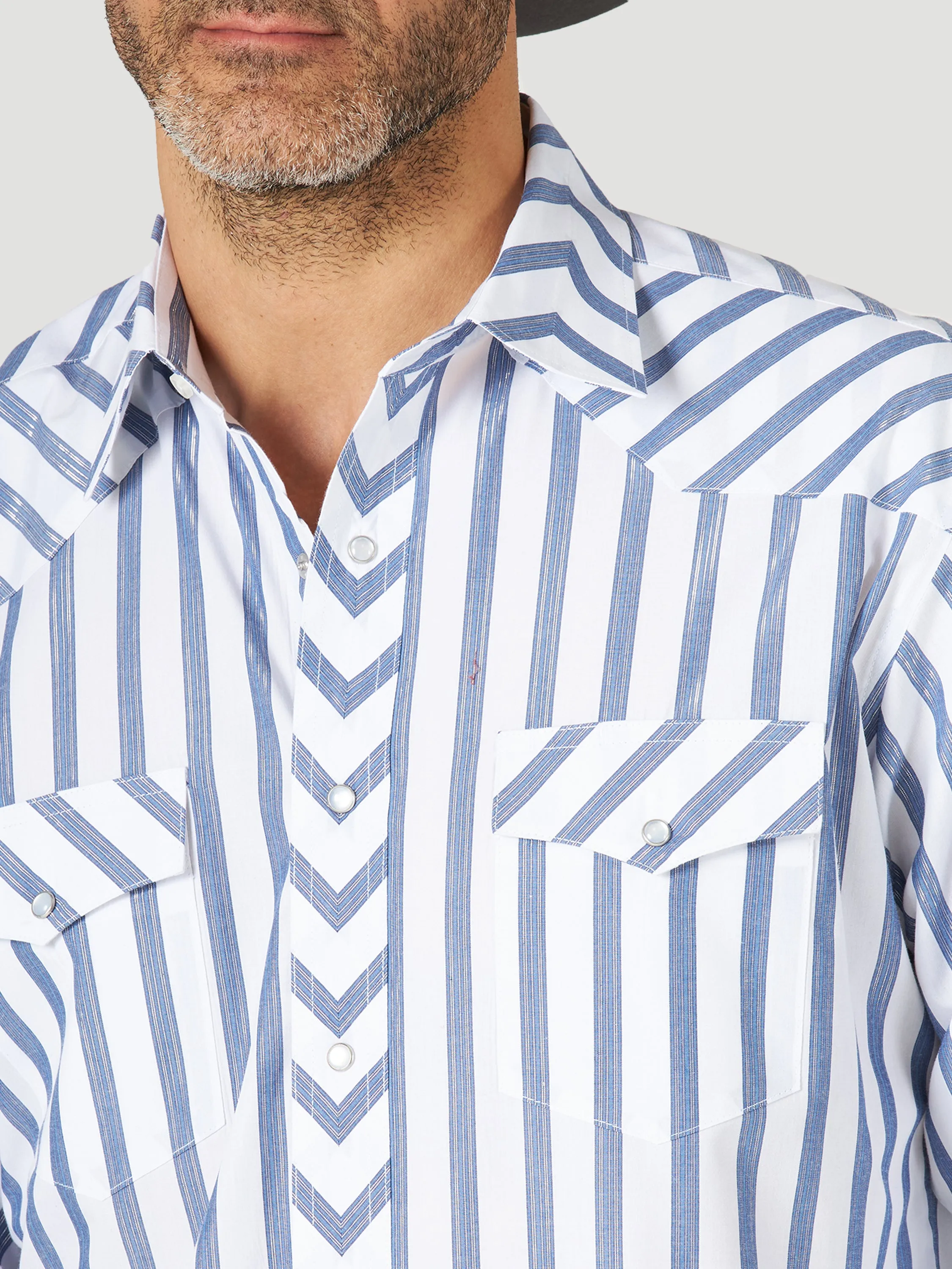 Wrangler Men's Silver Edition Long Sleeve Snap Shirt White Blue